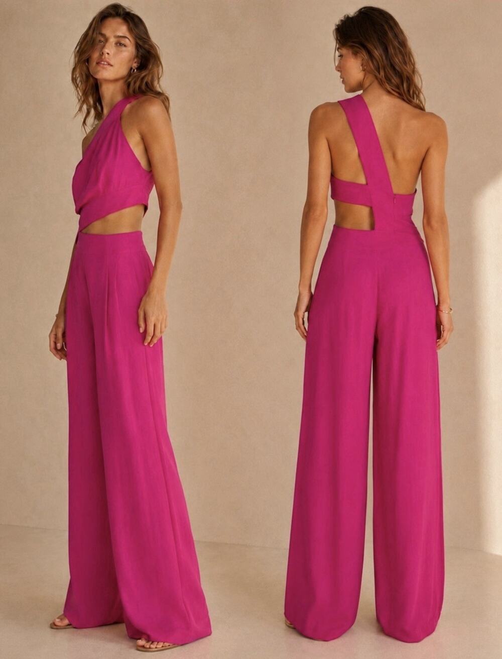 Farm Rio New Pink One Shoulder Asymmetric Linen Blend Resort Jumpsuit XL $265